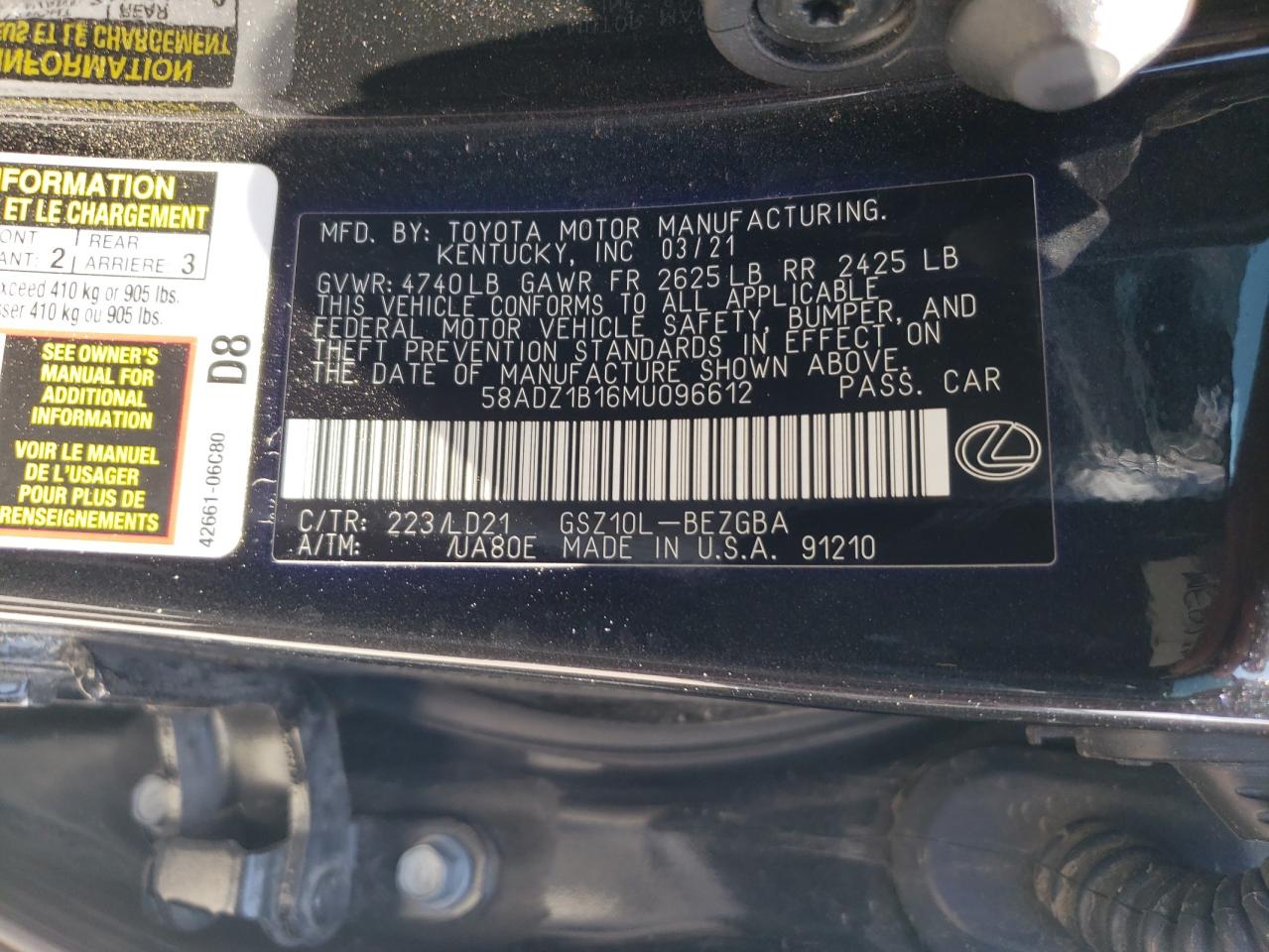58ADZ1B16MU096612 2021 Lexus Es 350 Base