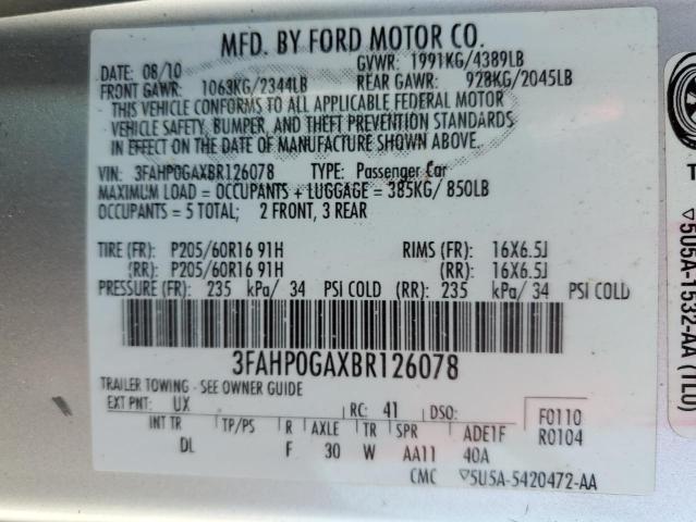 2011 Ford Fusion S VIN: 3FAHP0GAXBR126078 Lot: 52724484