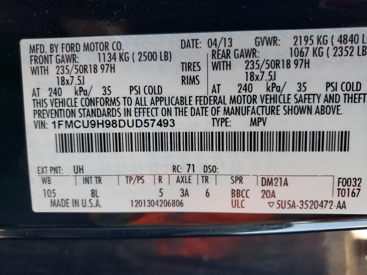 1FMCU9H98DUD57493 2013 Ford Escape Sel