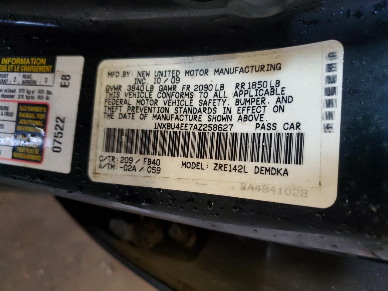 1NXBU4EE7AZ258627 2010 Toyota Corolla Base