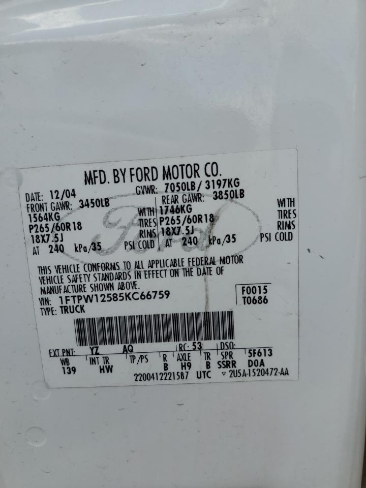 1FTPW12585KC66759 2005 Ford F150 Supercrew