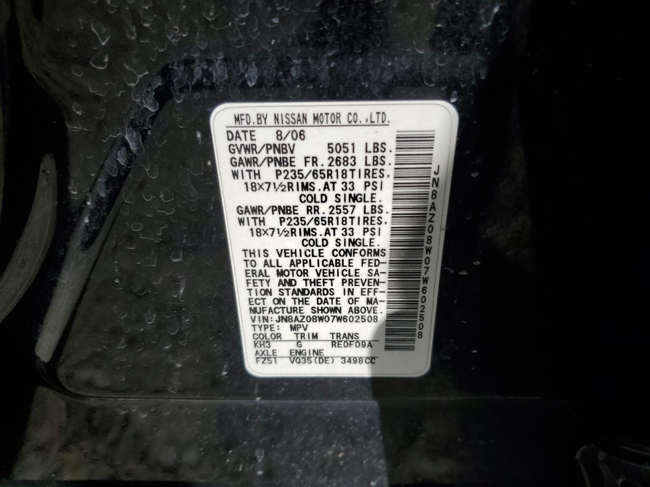 JN8AZ08W07W602508 2007 Nissan Murano Sl