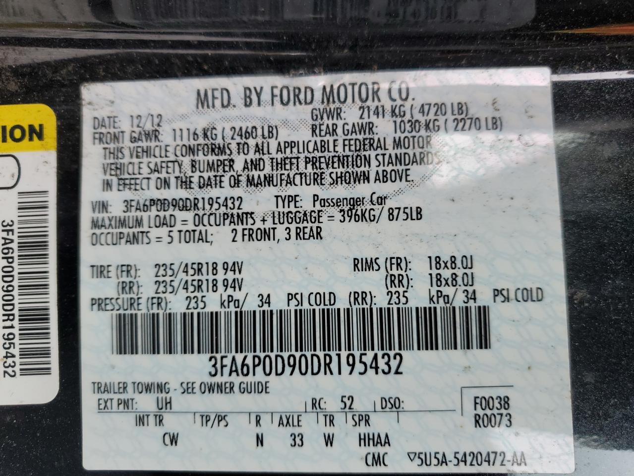 2013 Ford Fusion Titanium vin: 3FA6P0D90DR195432