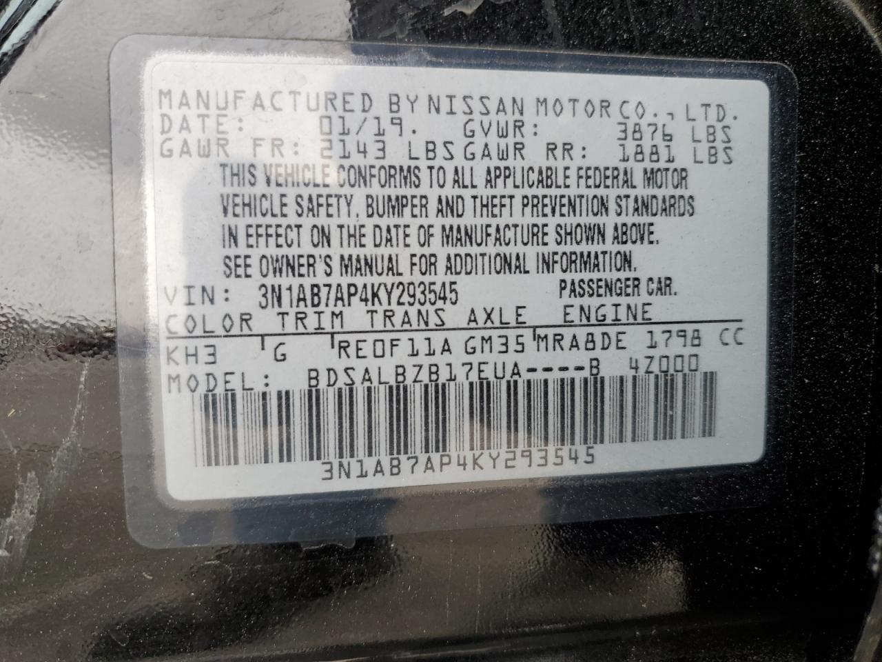 3N1AB7AP4KY293545 2019 Nissan Sentra S