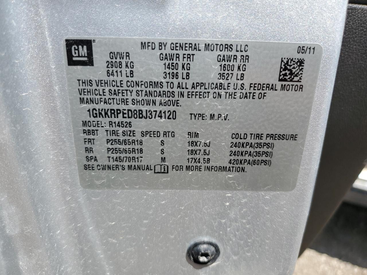 1GKKRPED8BJ374120 2011 GMC Acadia Sle