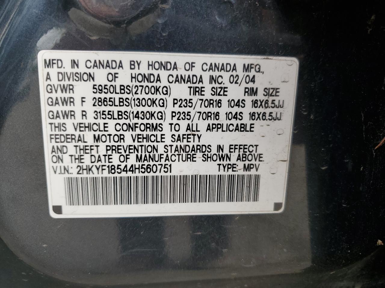 2HKYF18544H560751 2004 Honda Pilot Exl