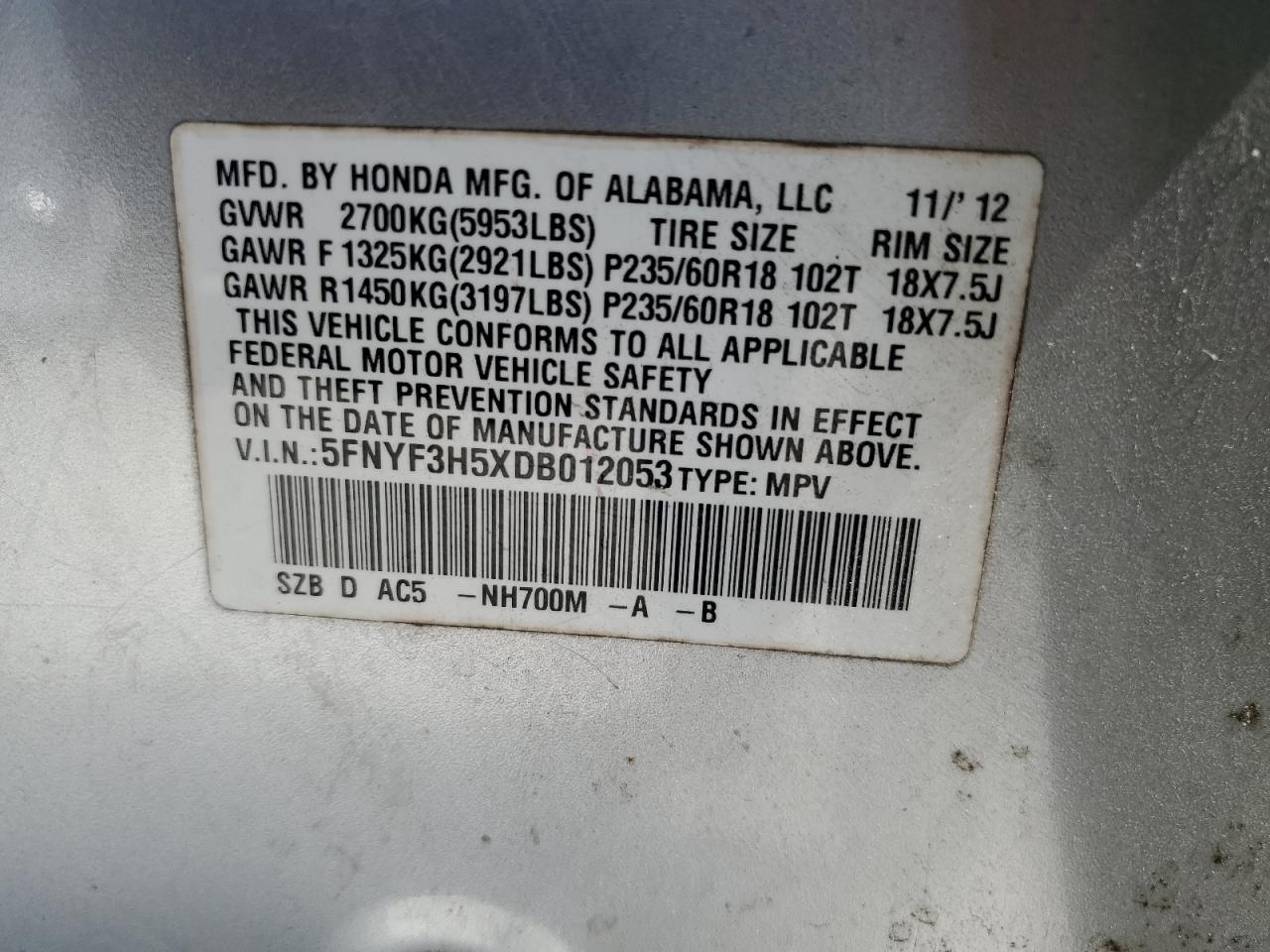 5FNYF3H5XDB012053 2013 Honda Pilot Exl