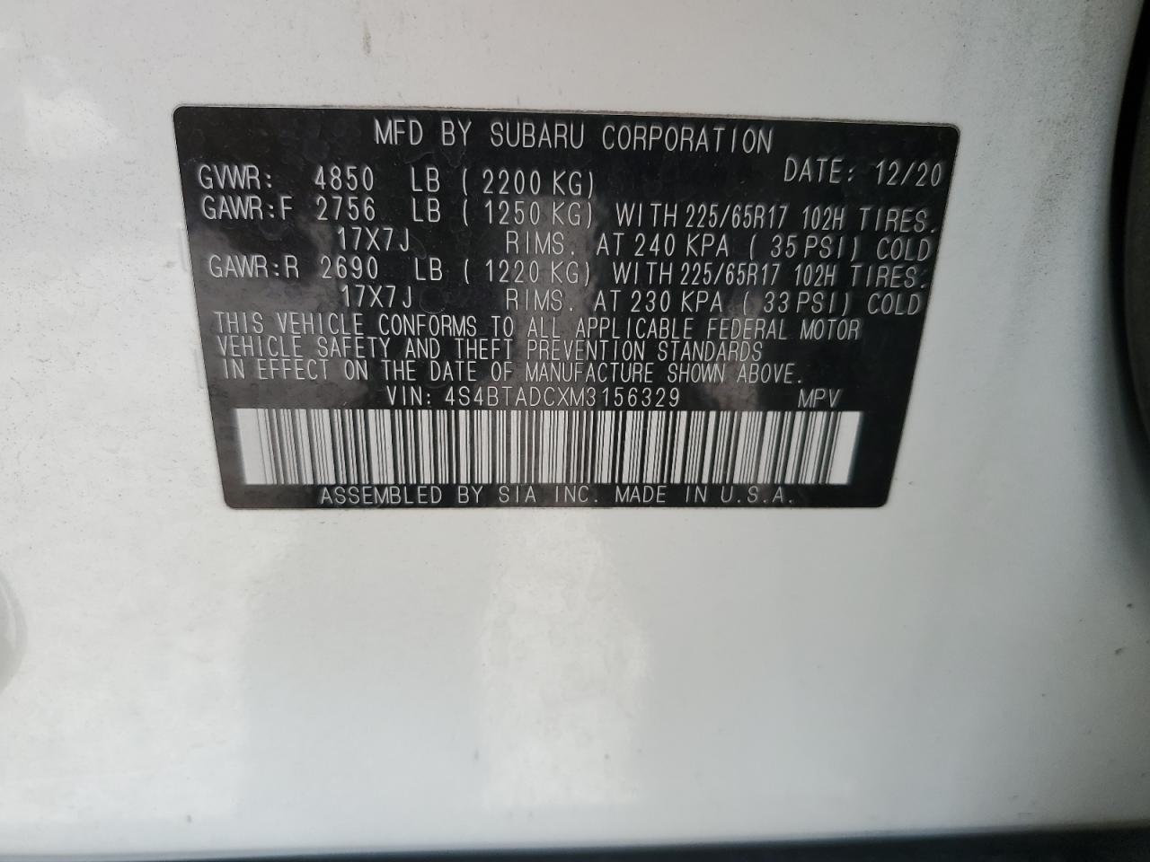 4S4BTADCXM3156329 2021 Subaru Outback Premium