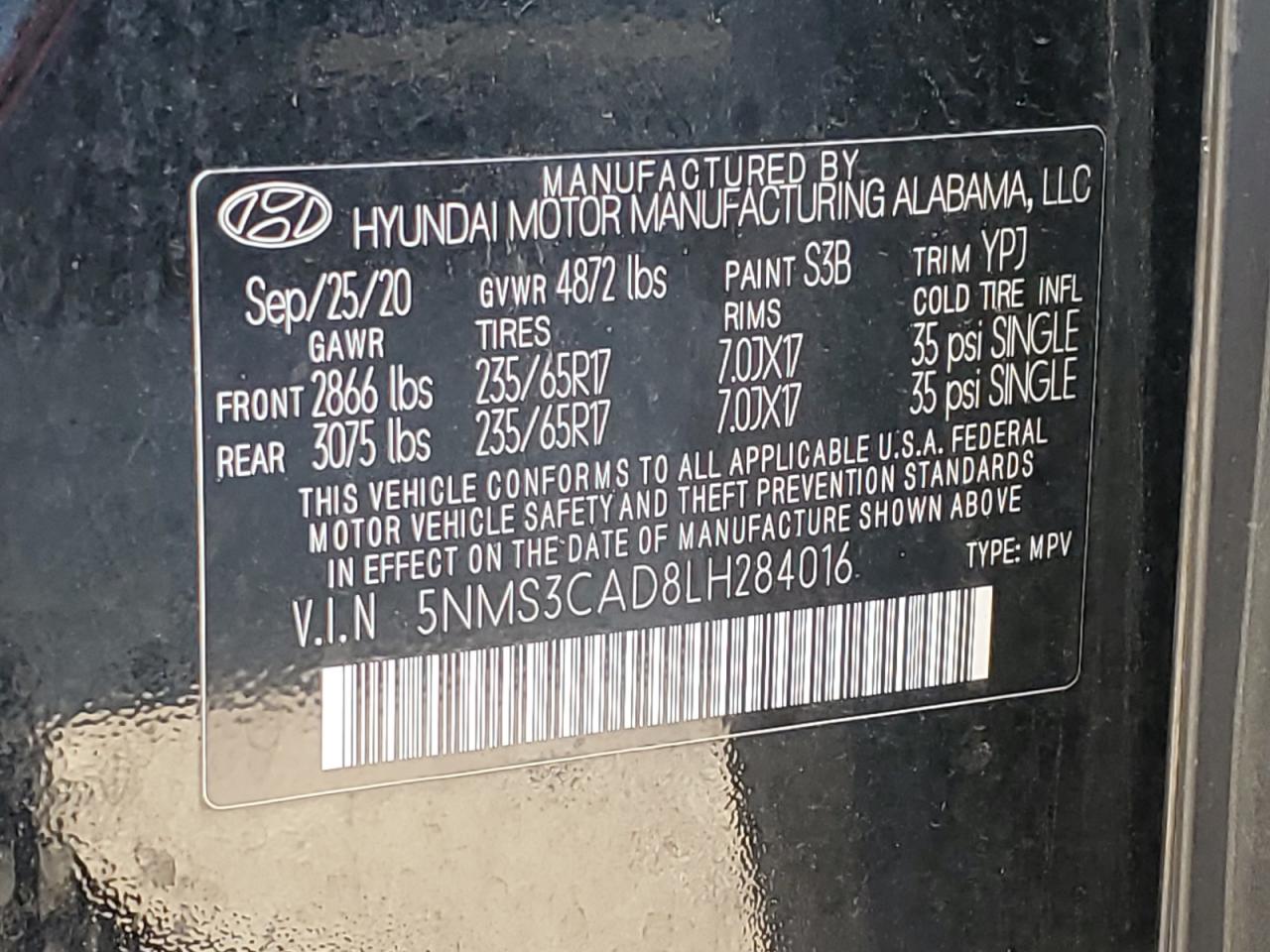 5NMS3CAD8LH284016 2020 Hyundai Santa Fe Sel