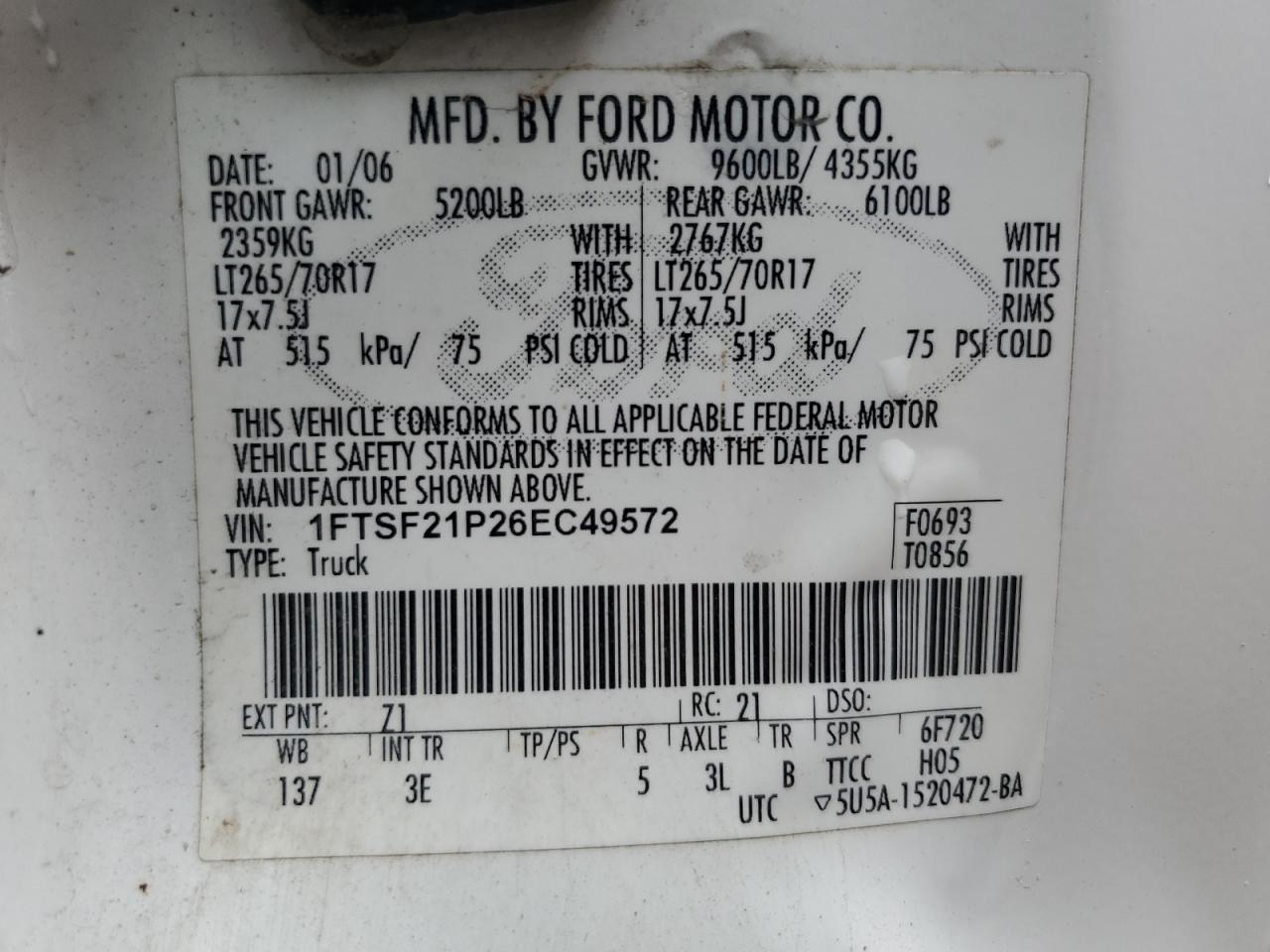 1FTSF21P26EC49572 2006 Ford F250 Super Duty