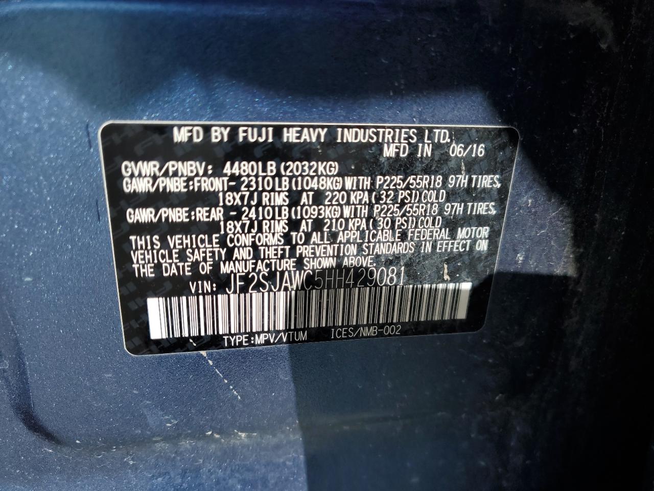 JF2SJAWC5HH429081 2017 Subaru Forester 2.5I Touring