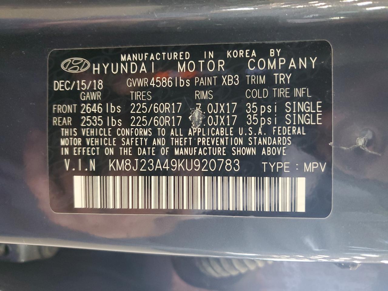 KM8J23A49KU920783 2019 Hyundai Tucson Se