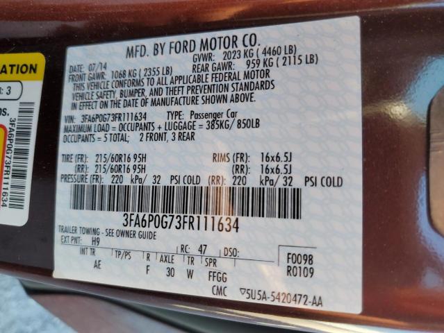 2015 Ford Fusion S VIN: 3FA6P0G73FR111634 Lot: 53122554