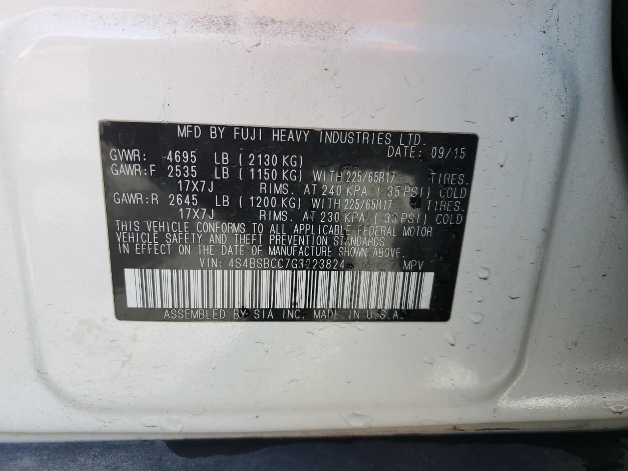 4S4BSBCC7G3223824 2016 Subaru Outback 2.5I Premium