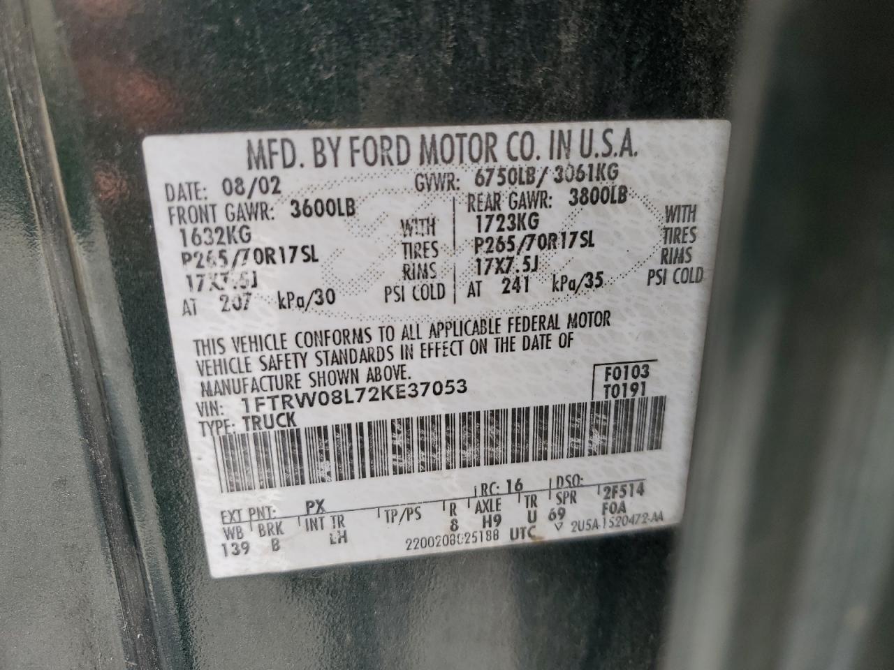 1FTRW08L72KE37053 2002 Ford F150 Supercrew