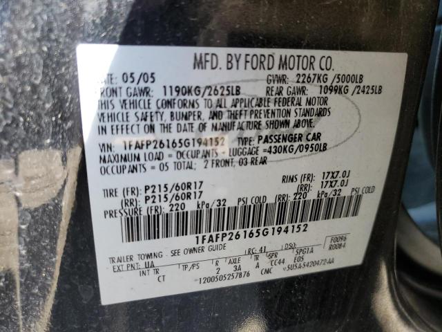 2005 Ford Five Hundred Se VIN: 1FAFP26165G194152 Lot: 56789274