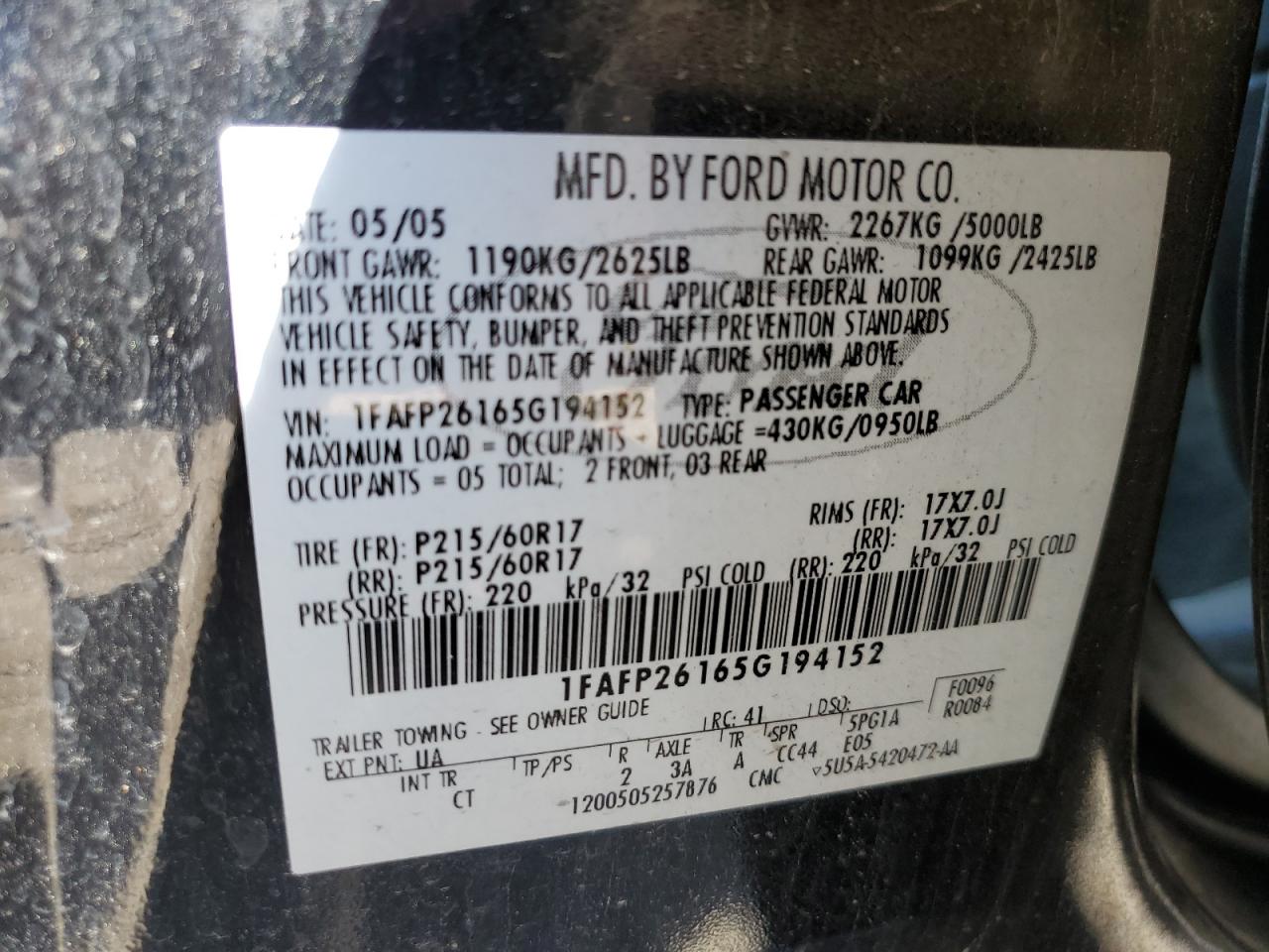 1FAFP26165G194152 2005 Ford Five Hundred Se