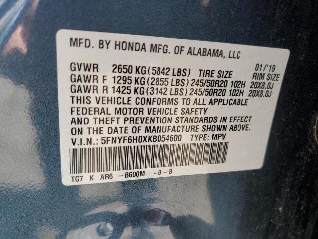 2019 Honda Pilot Elite VIN: 5FNYF6H0XKB054600 Lot: 54795794