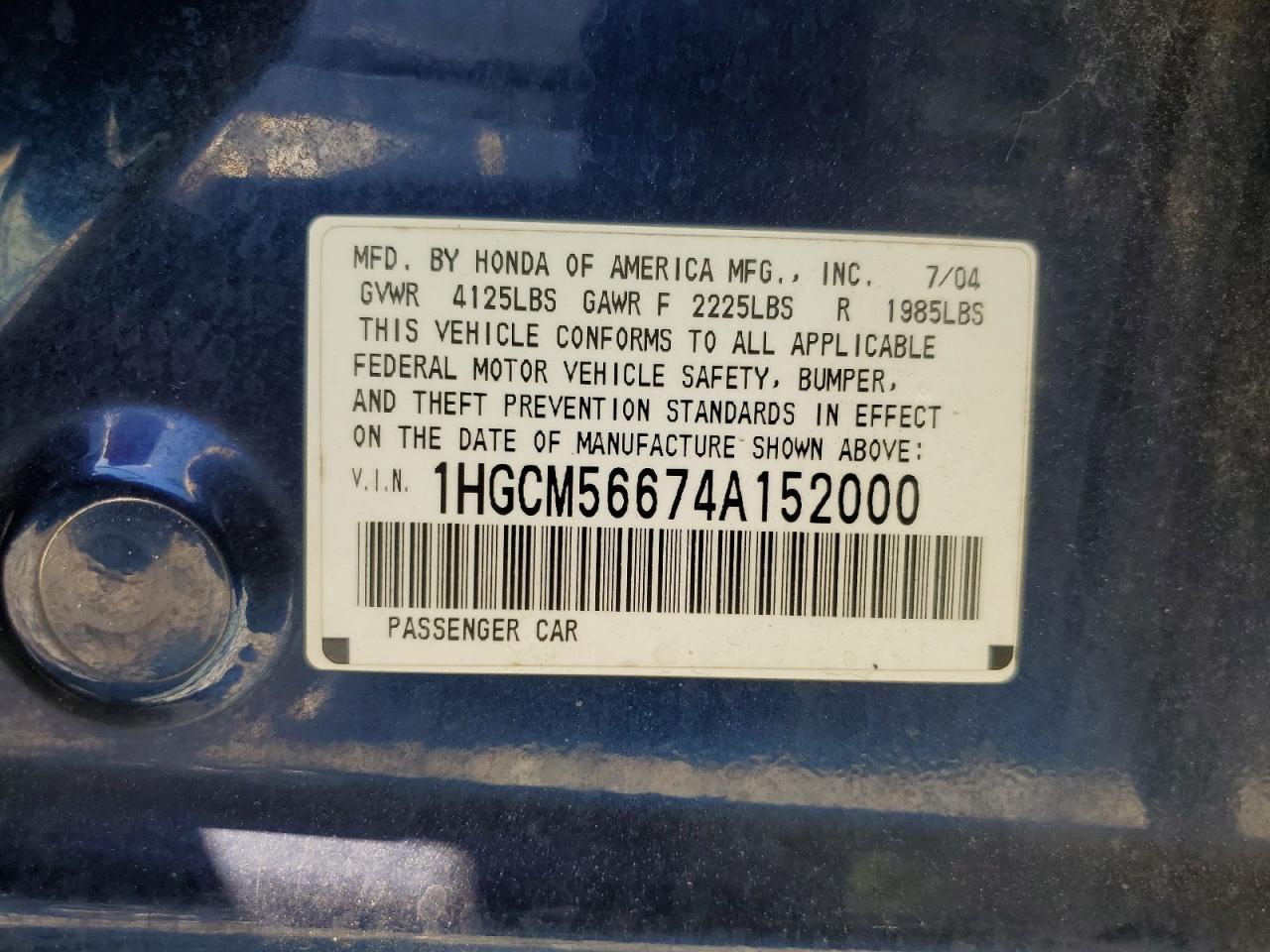 1HGCM56674A152000 2004 Honda Accord Ex