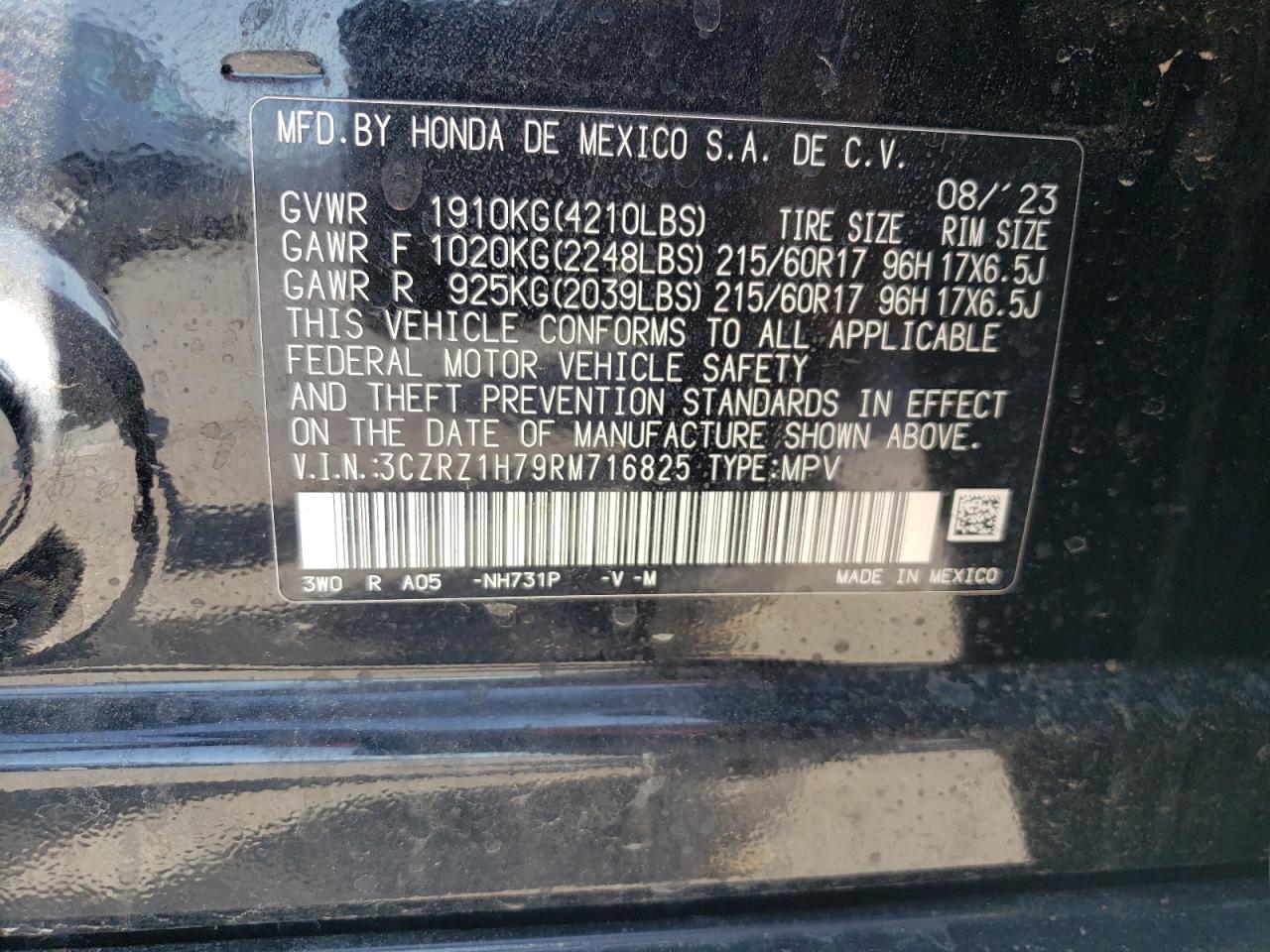 3CZRZ1H79RM716825 2024 Honda Hr-V Exl