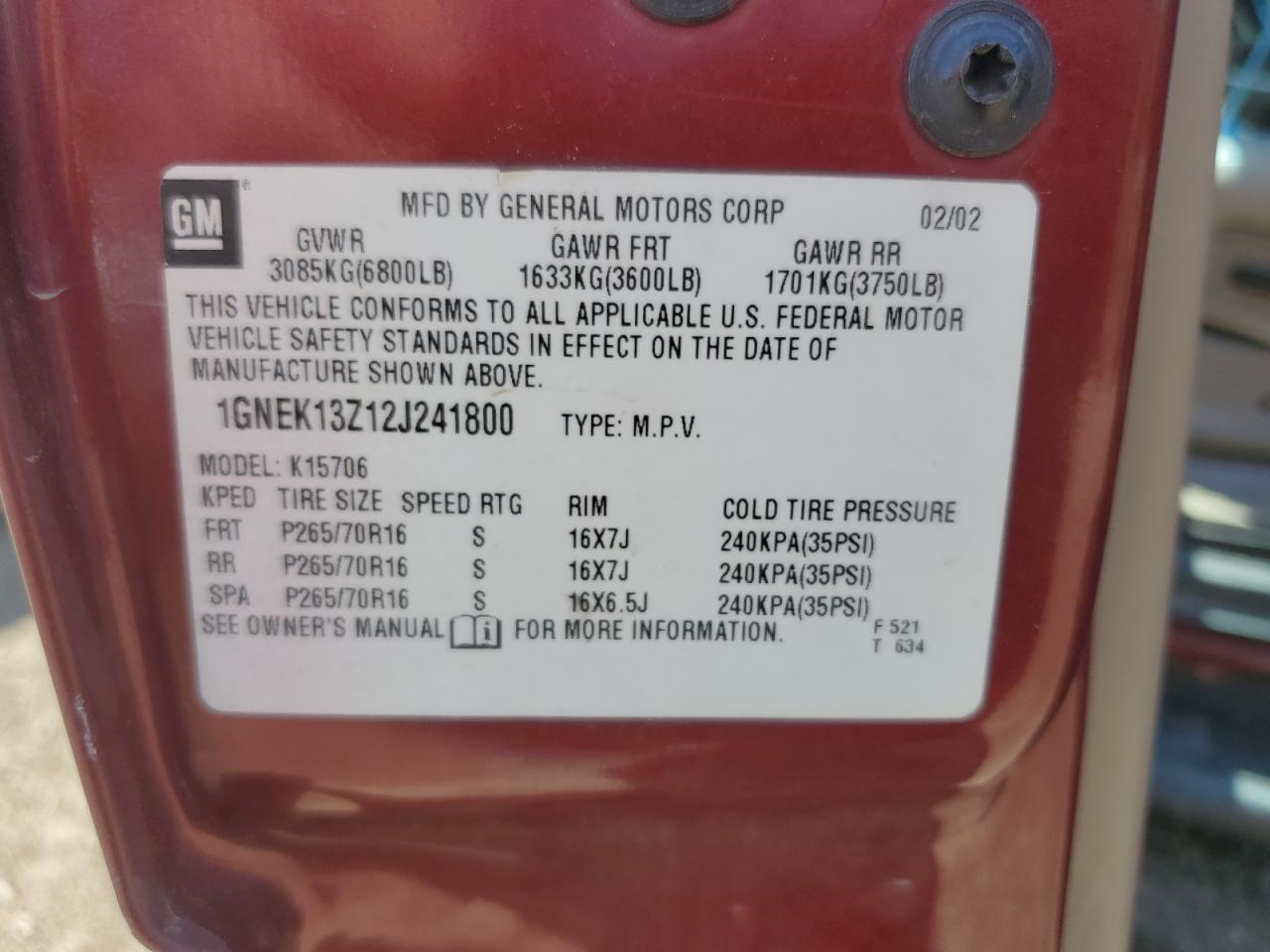 1GNEK13Z12J241800 2002 Chevrolet Tahoe K1500