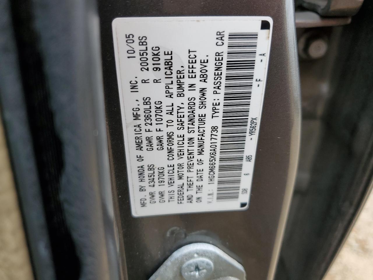 1HGCM665X6A017738 2006 Honda Accord Ex