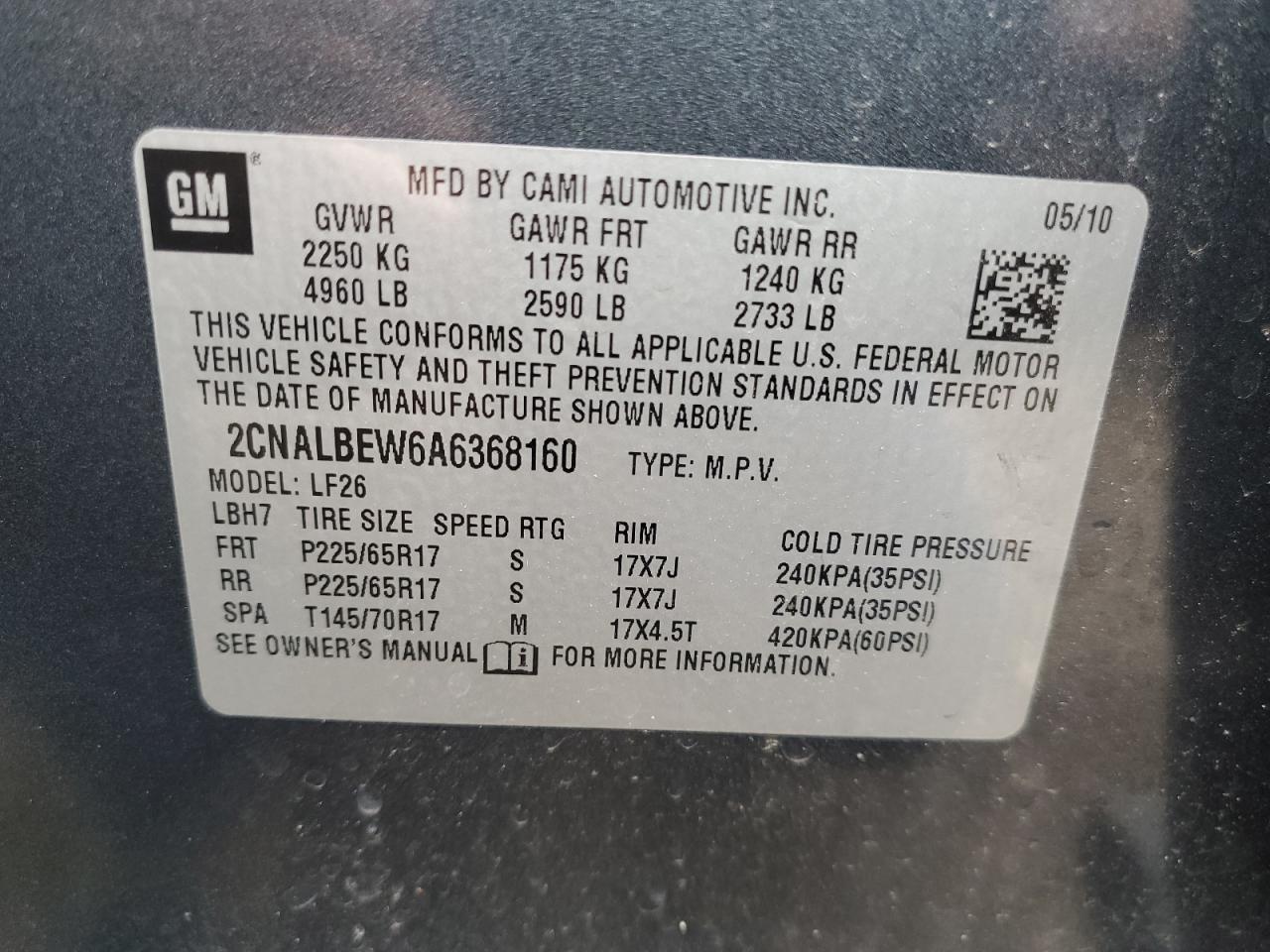 2CNALBEW6A6368160 2010 Chevrolet Equinox Ls