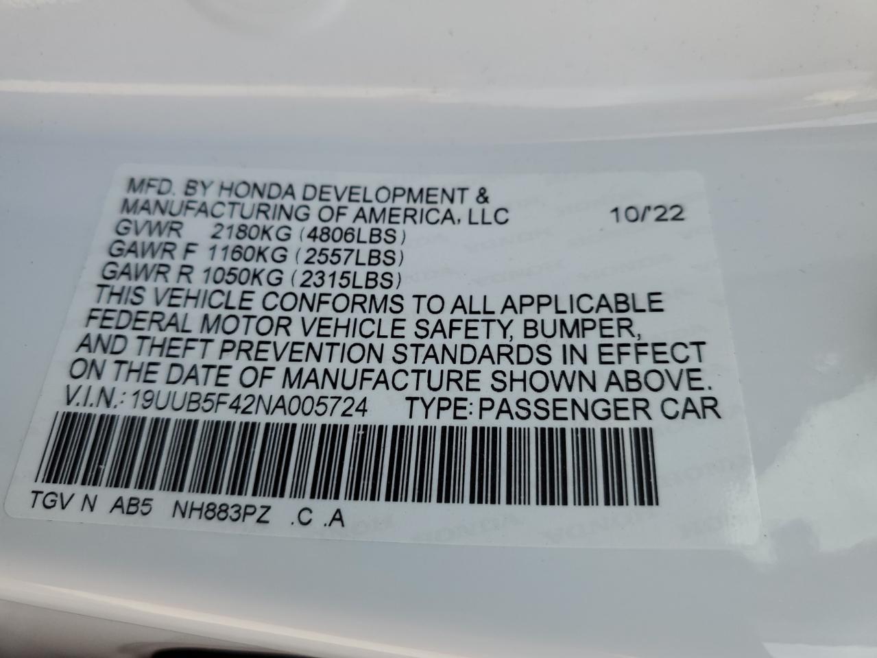 19UUB5F42NA005724 2022 Acura Tlx Technology