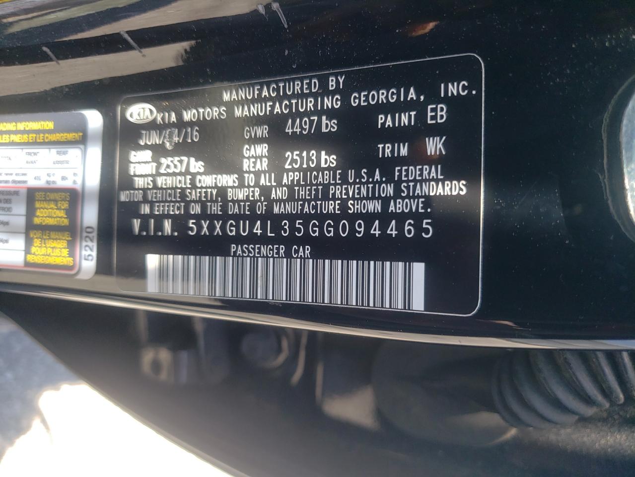 5XXGU4L35GG094465 2016 Kia Optima Ex