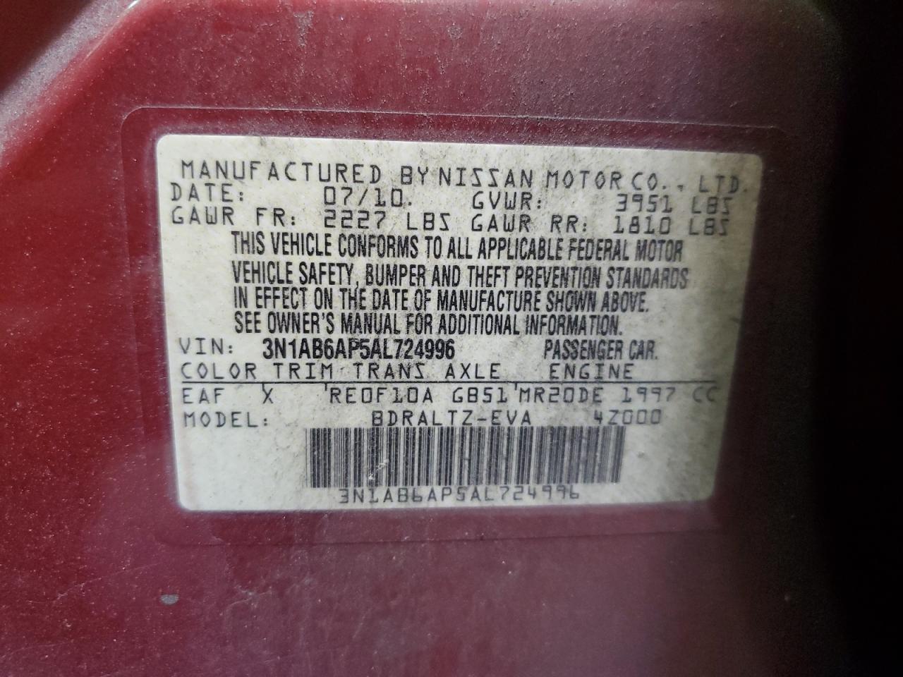 3N1AB6AP5AL724996 2010 Nissan Sentra 2.0