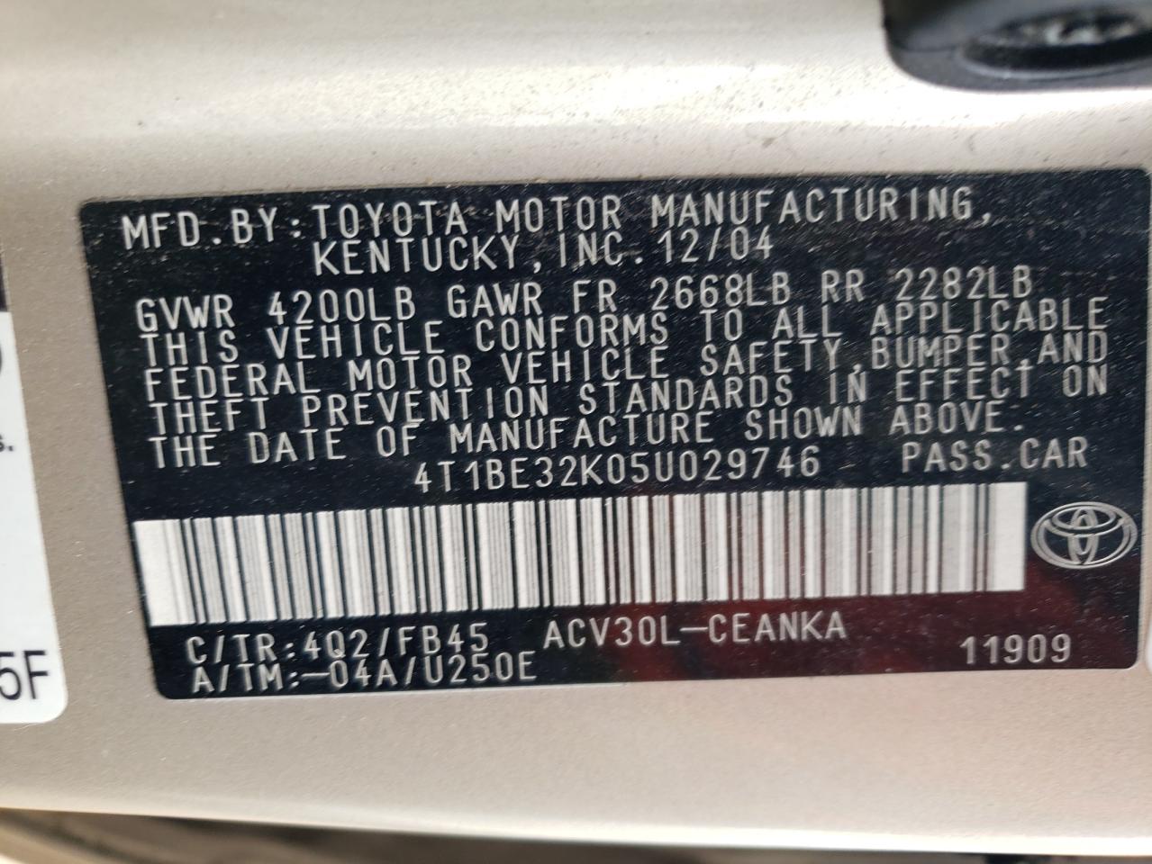 4T1BE32K05U029746 2005 Toyota Camry Le