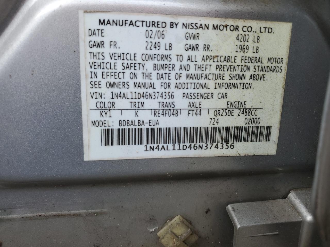 1N4AL11D46N374356 2006 Nissan Altima S