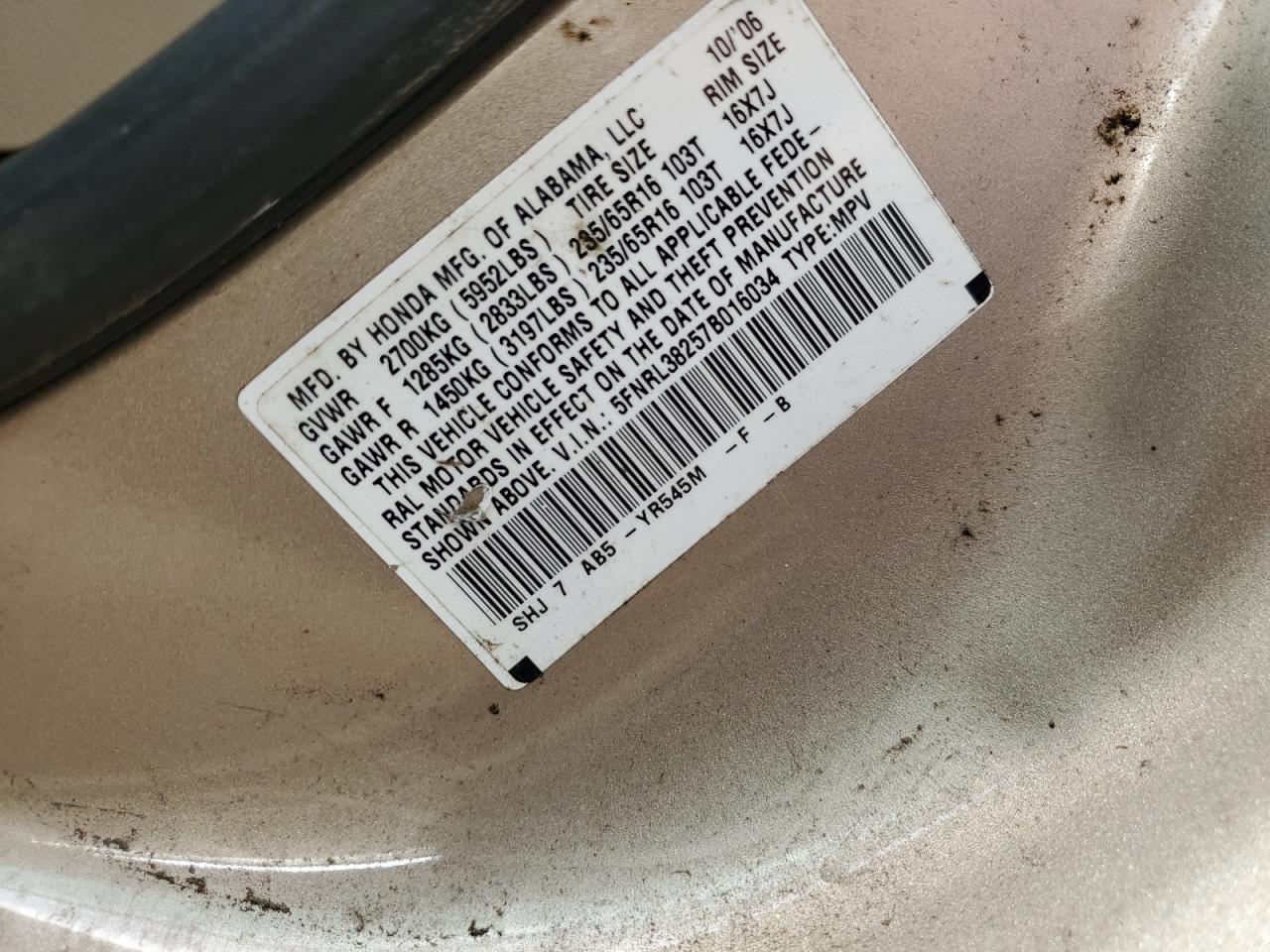 5FNRL38257B016034 2007 Honda Odyssey Lx