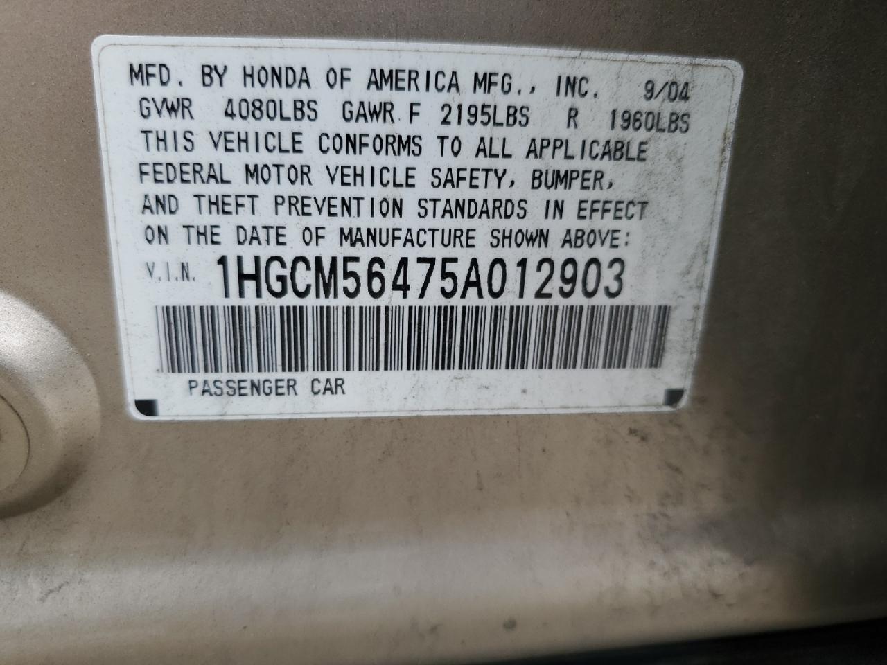 1HGCM56475A012903 2005 Honda Accord Lx