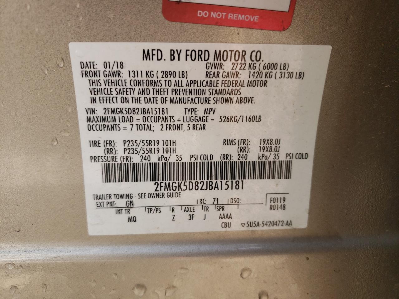 2FMGK5D82JBA15181 2018 Ford Flex Limited