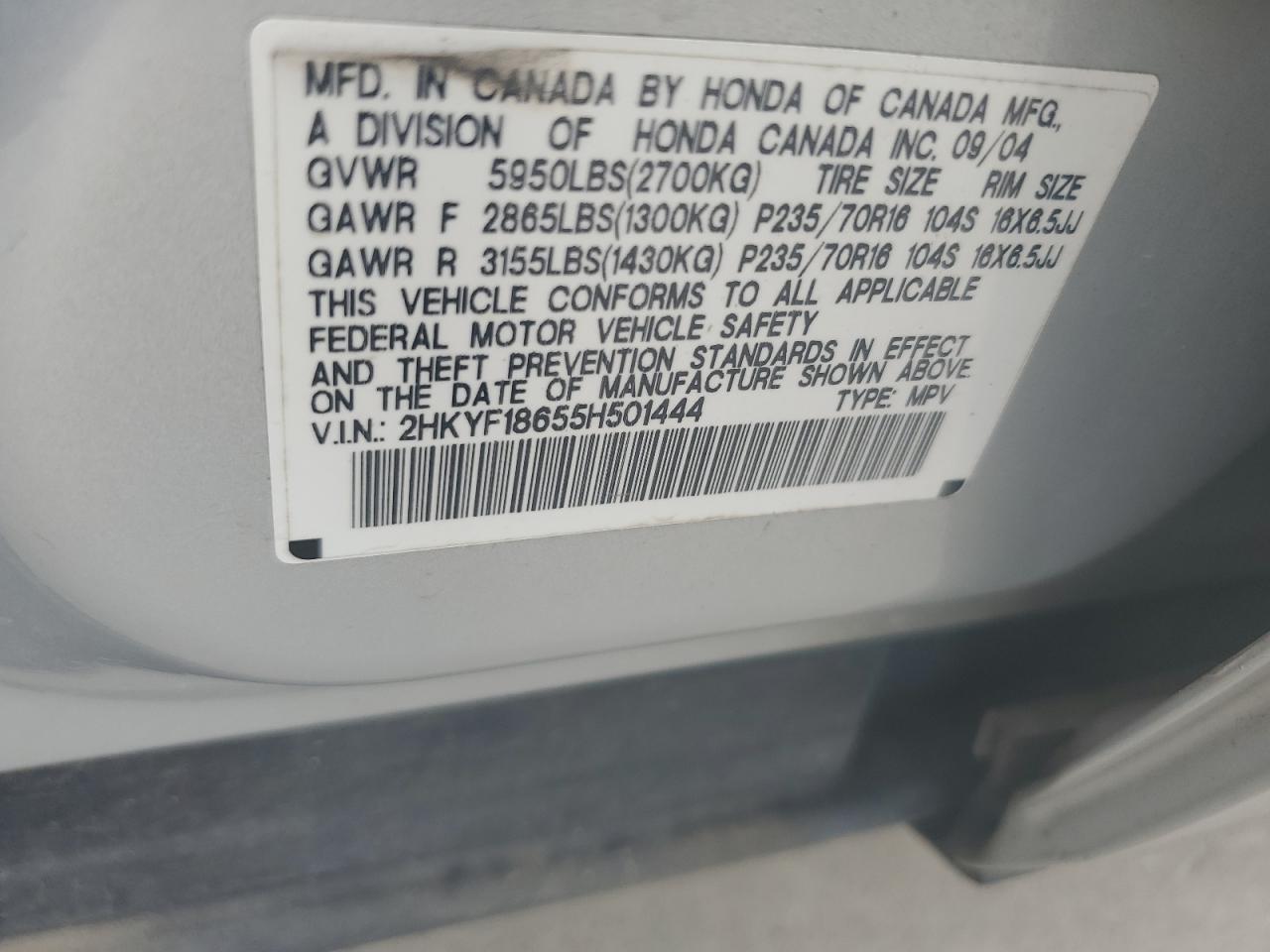 2HKYF18655H501444 2005 Honda Pilot Exl