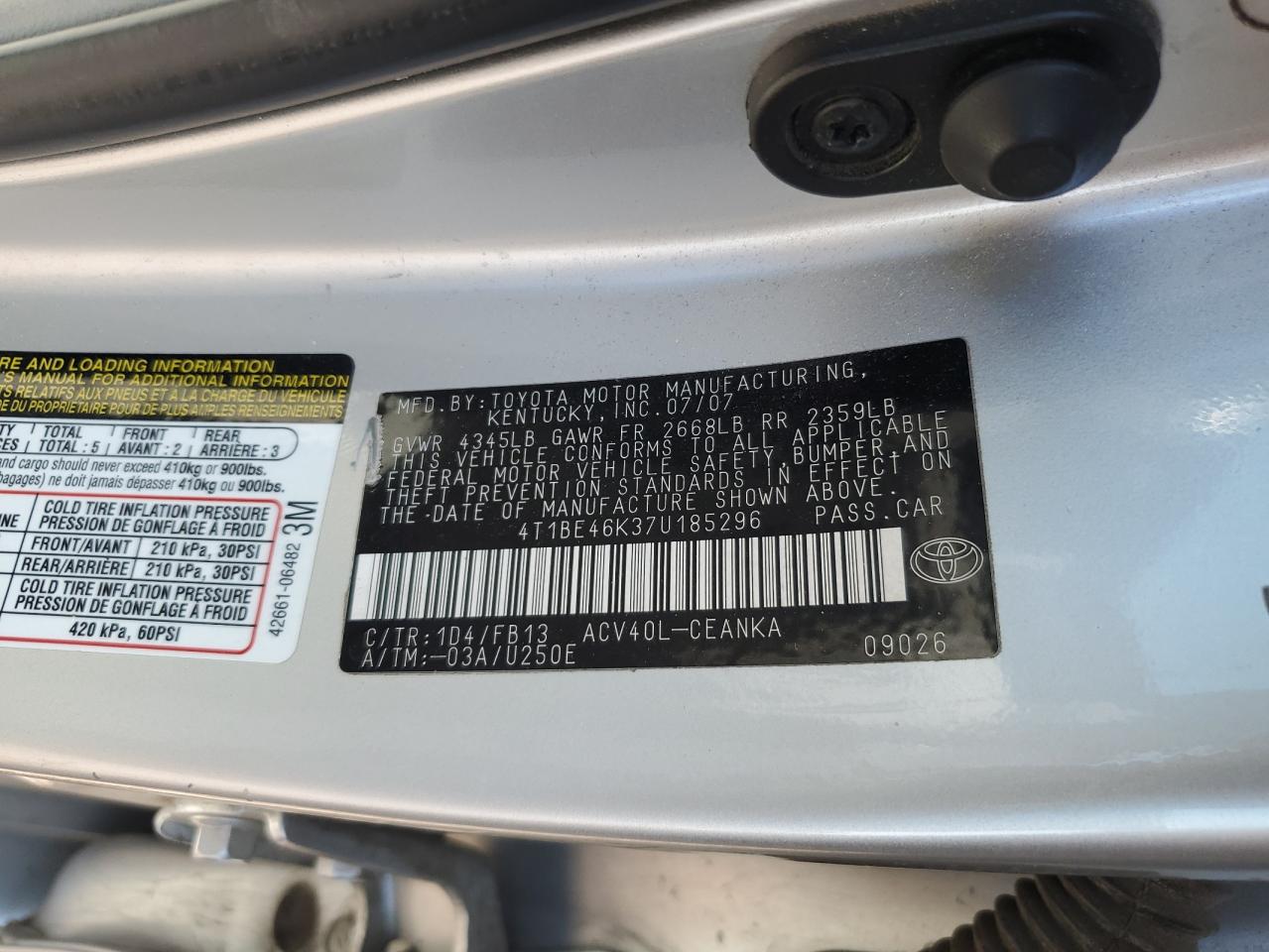 4T1BE46K37U185296 2007 Toyota Camry Ce