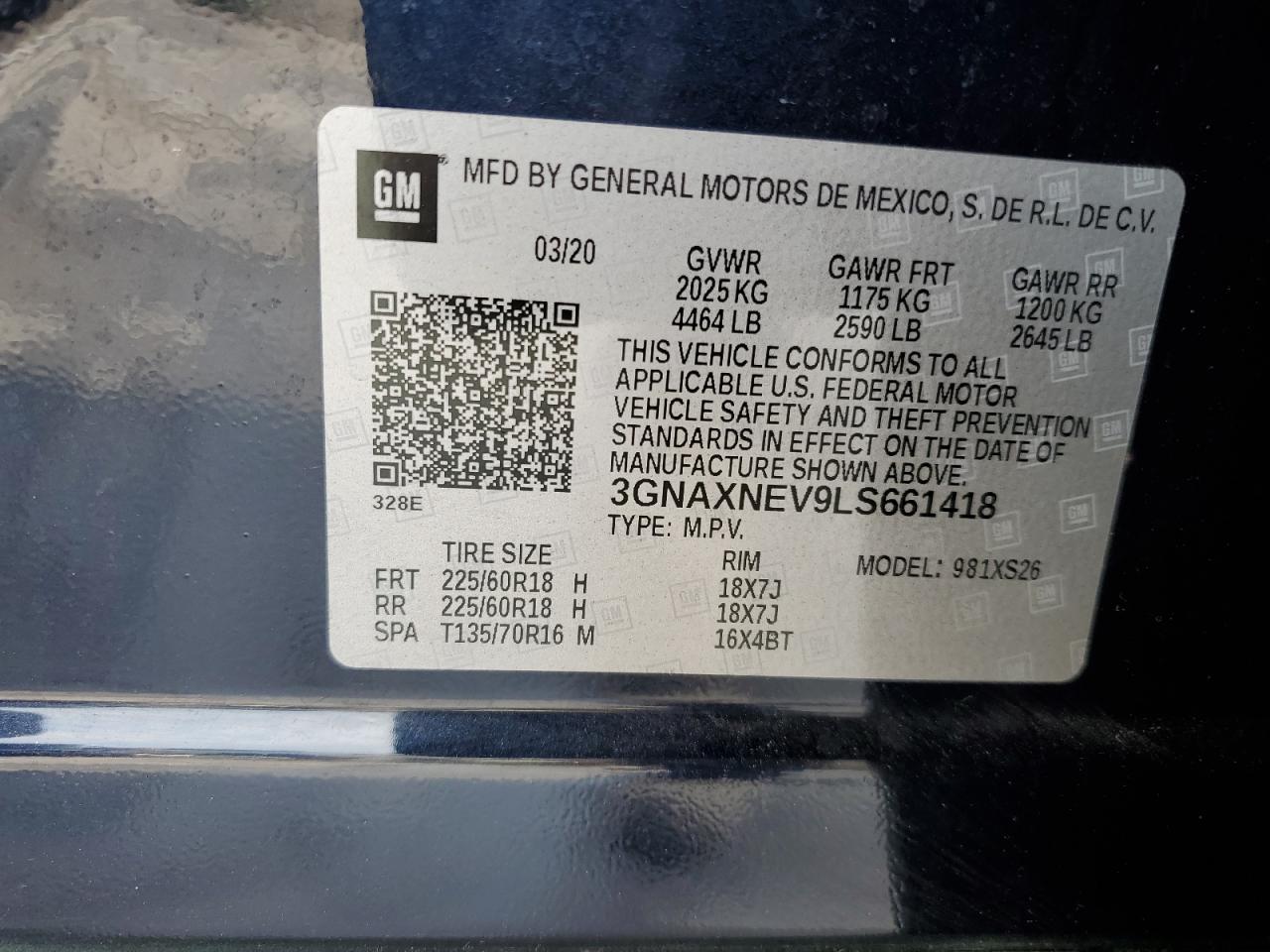 3GNAXNEV9LS661418 2020 Chevrolet Equinox Premier