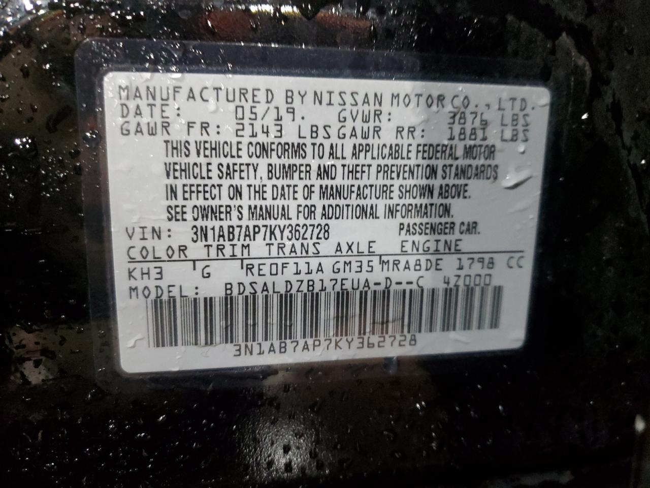 3N1AB7AP7KY362728 2019 Nissan Sentra S