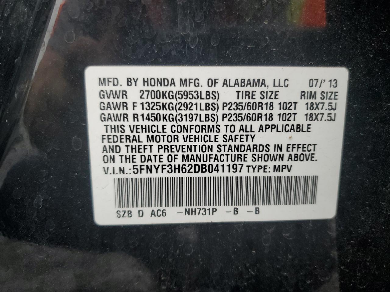 5FNYF3H62DB041197 2013 Honda Pilot Exl