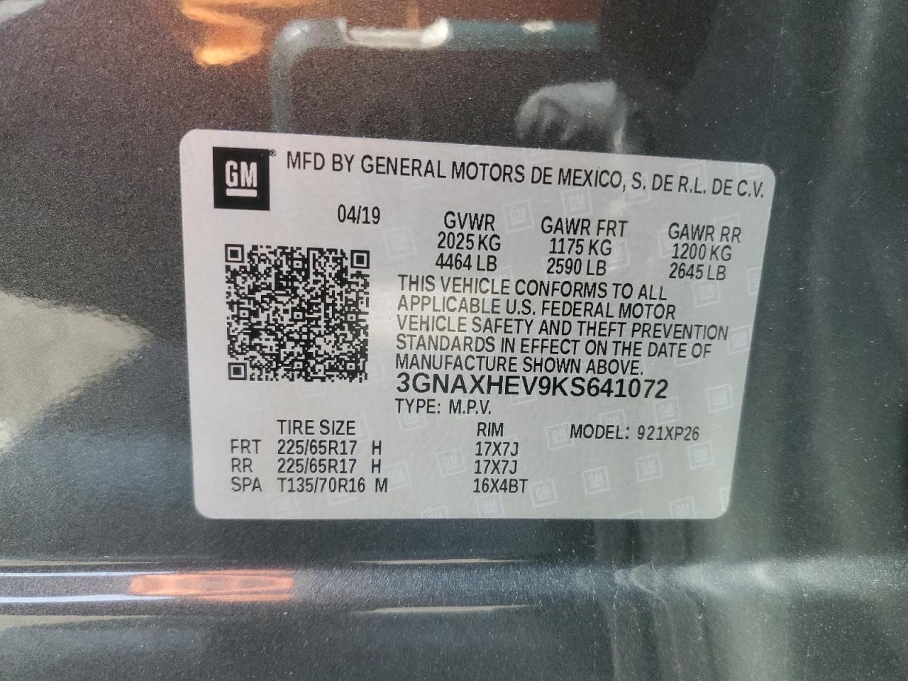 3GNAXHEV9KS641072 2019 Chevrolet Equinox Ls