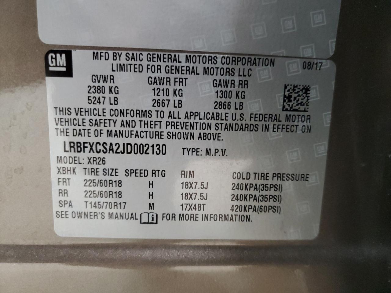 LRBFXCSA2JD002130 2018 Buick Envision Preferred