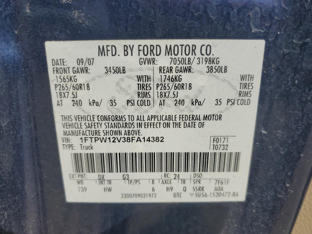 1FTPW12V38FA14382 2008 Ford F150 Supercrew