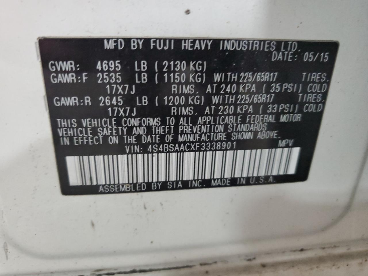 4S4BSAACXF3338901 2015 Subaru Outback 2.5I