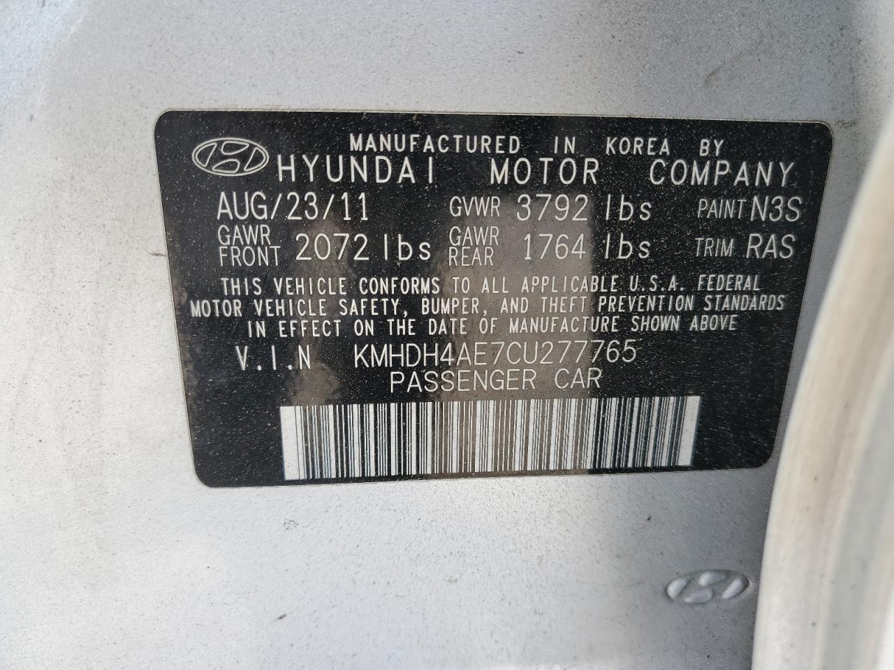 KMHDH4AE7CU277765 2012 Hyundai Elantra Gls