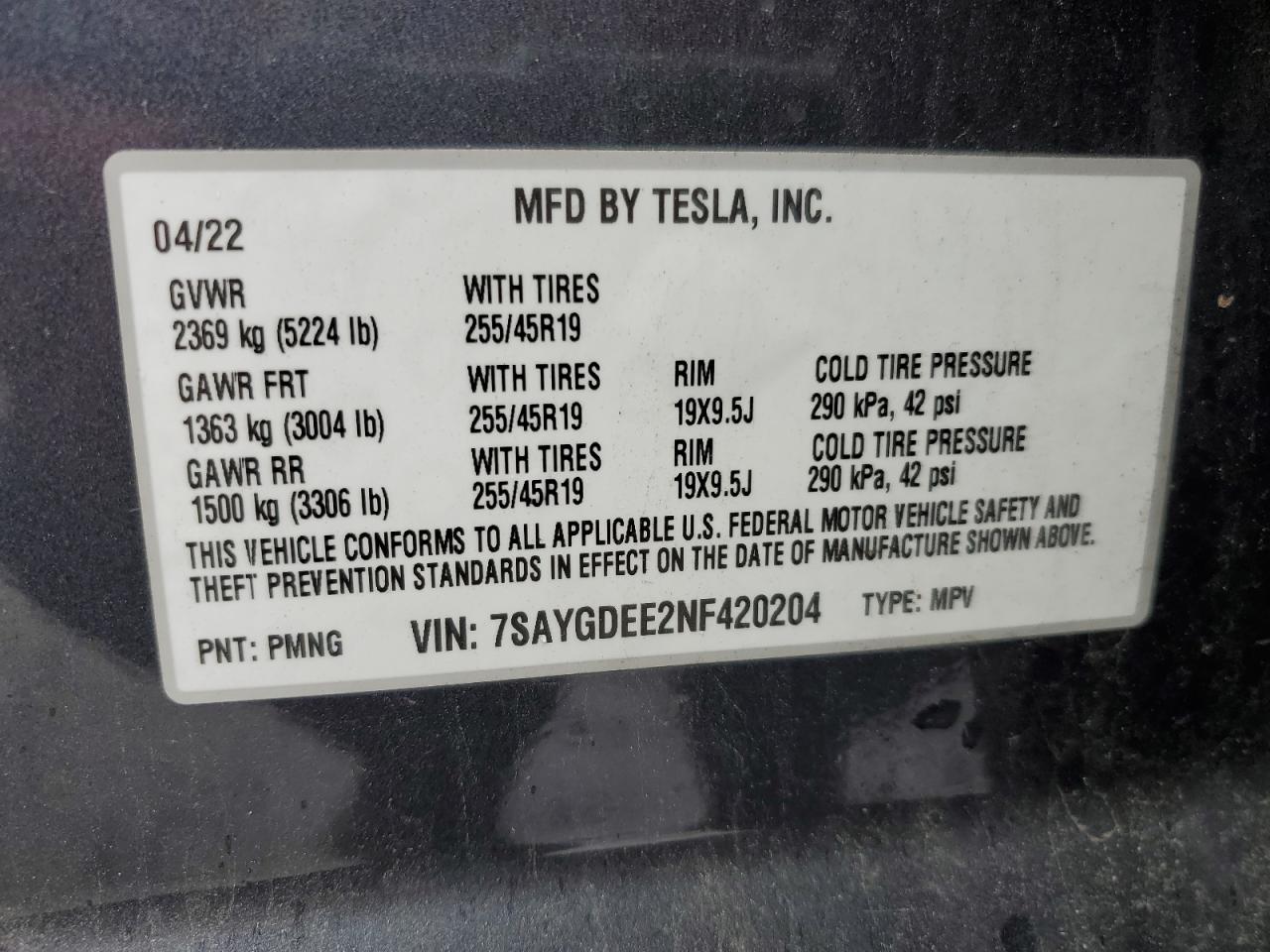 7SAYGDEE2NF420204 2022 Tesla Model Y