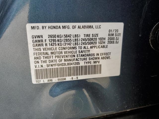 2020 Honda Pilot Elite VIN: 5FNYF6H03LB041205 Lot: 57136024