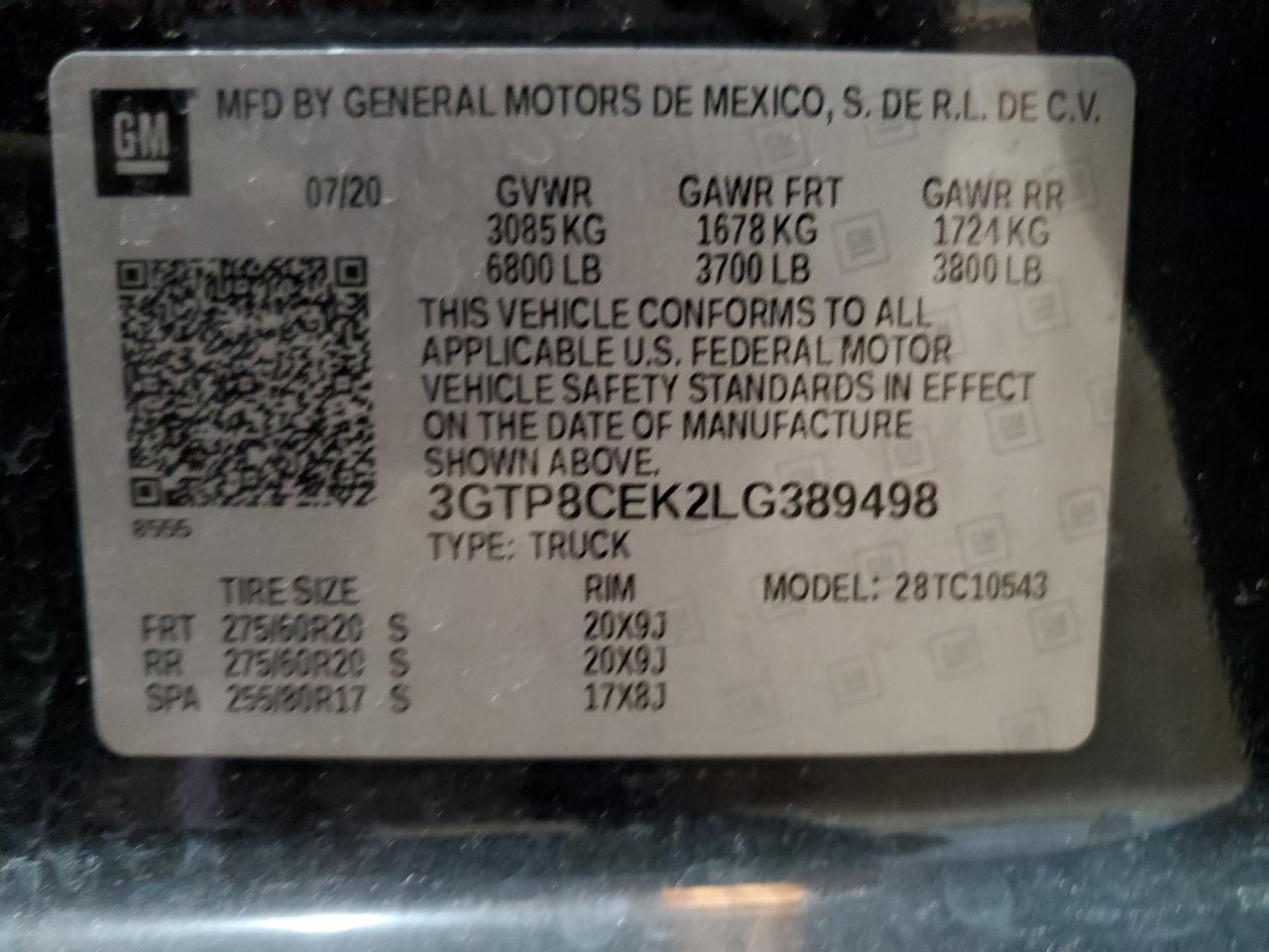 3GTP8CEK2LG389498 2020 GMC Sierra C1500 Elevation