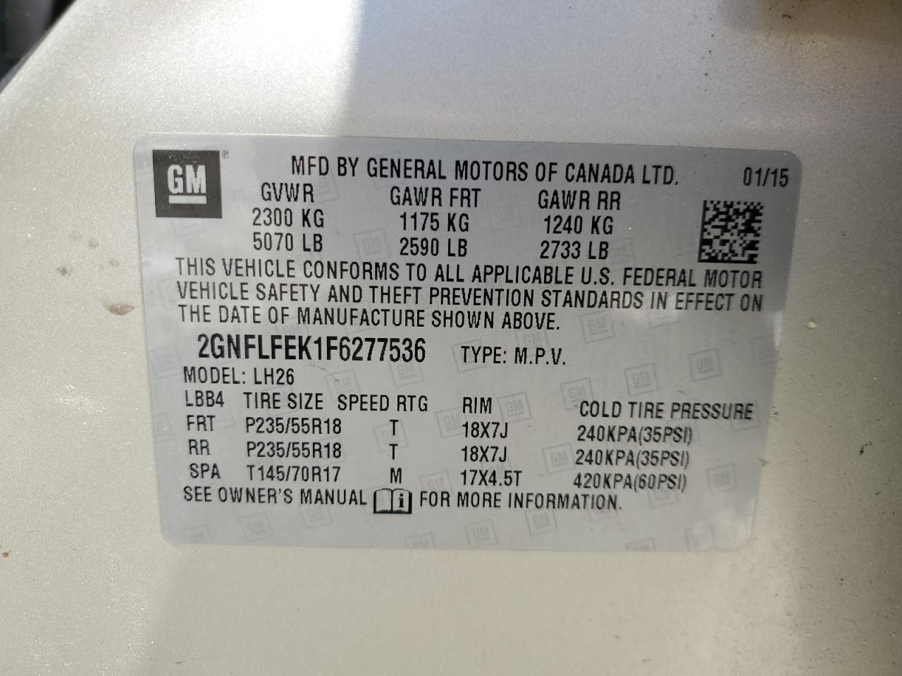 2GNFLFEK1F6277536 2015 Chevrolet Equinox Lt