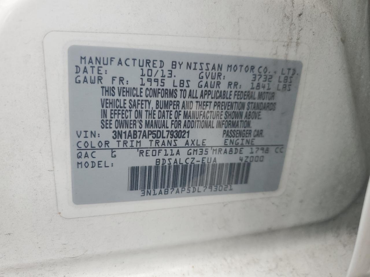 3N1AB7AP5DL793021 2013 Nissan Sentra S